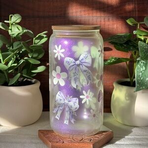 Purple Bows and Daisies Coquette Iridescent Glass Can with Pink Glass Cup